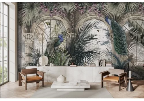 Carta da parati foglie tropicali con pavoni e pappagalli