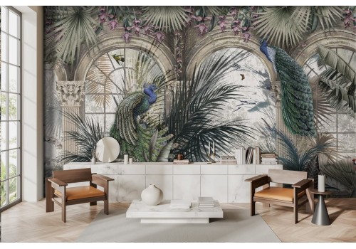 Tropical leaf wallpaper with peacocks and parrots