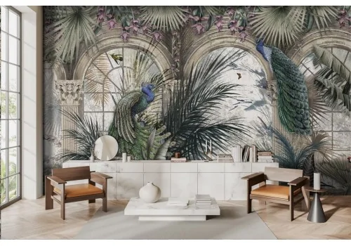 Tropical leaves wallpaper with peacocks and parrots -a255