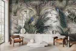 Tropical leaf wallpaper with peacocks and parrots