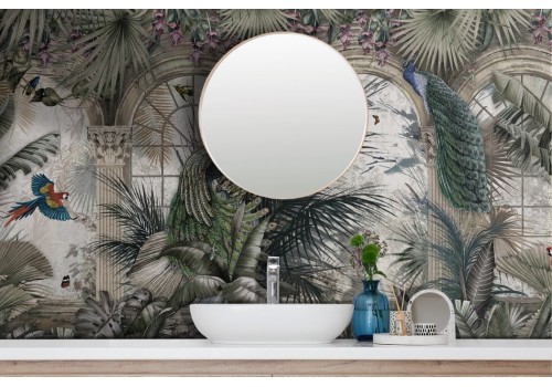 Tropical leaf wallpaper with peacocks and parrots 2