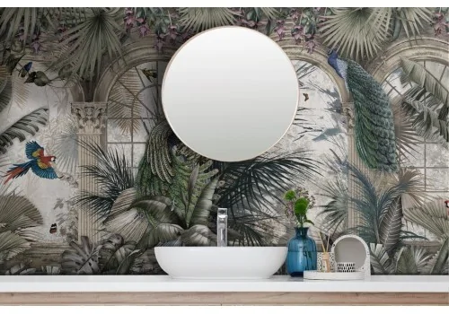 Tropical leaf wallpaper with peacocks and parrots 2