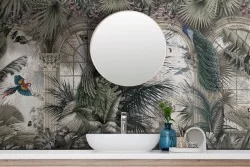 Adhesive Wallpaper with tropical leaves, peacocks and parrots