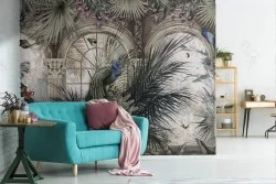 Carta da Parati foglie tropicali pavoni