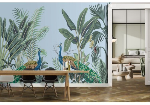 Peacocks and tropical forest leaves nature wallpaper 2