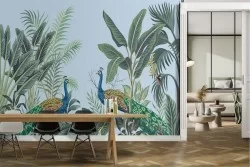 Peacocks and tropical forest leaves nature wallpaper