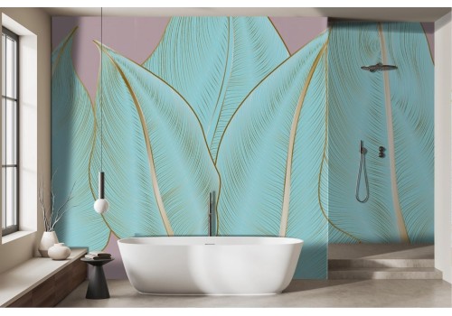 Stylized tropical leaves wallpaper pink background