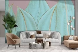 Adhesive Wallpaper stylized tropical leaves pink background