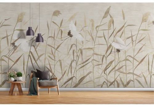 Oriental zen wallpaper with leaves and birds