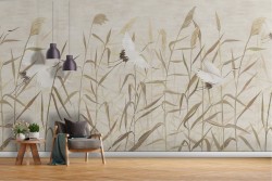 Oriental zen wallpaper with leaves and birds