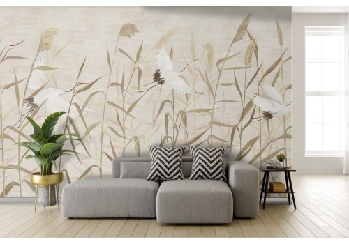 Oriental zen wallpaper with leaves and birds 2