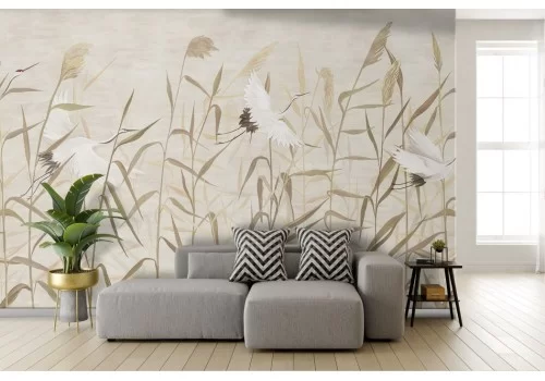 Oriental zen wallpaper with leaves and birds 2