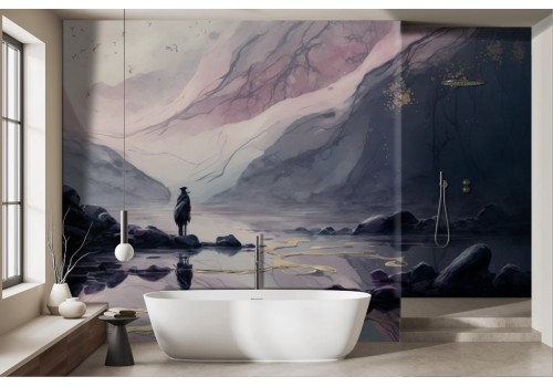 Dark watercolor effect wallpaper of mountain and lake