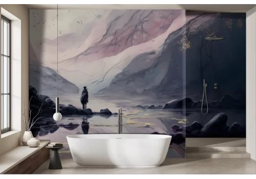 Dark watercolor effect wallpaper of mountain and lake