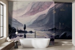 Dark watercolor effect wallpaper of mountain and lake