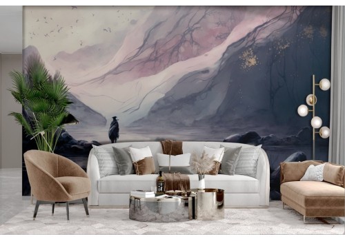 Carta da parati effetto acquerello scura montagna e lago 2