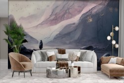 Adhesive Wallpaper with dark watercolor effect of mountain and lake
