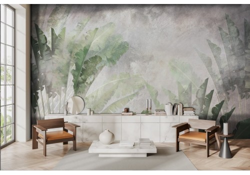 Tropical leaves wallpaper in green and gray