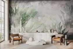 Tropical leaves wallpaper in green and gray