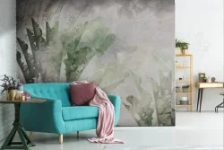 Tropical leaves wallpaper gray