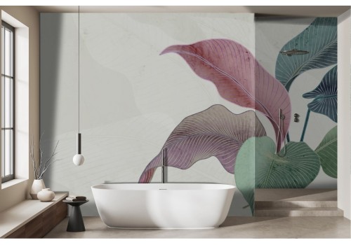 Tropical large stylized leaves wallpaper on marble background