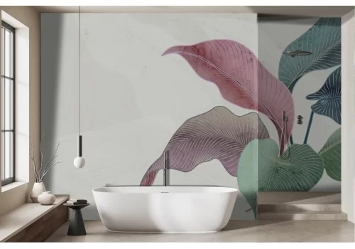 Tropical large stylized leaves wallpaper on marble background