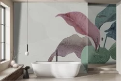 Tropical large stylized leaves wallpaper on marble background