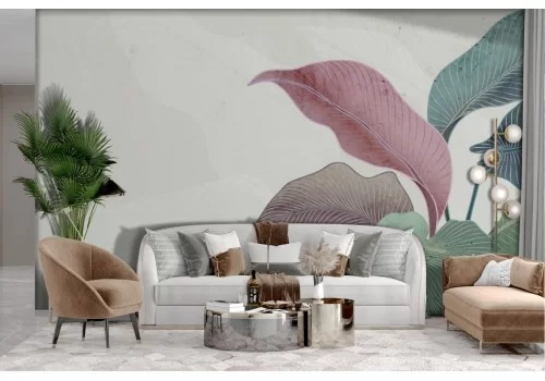 Tropical large stylized leaves wallpaper on marble background 2