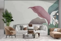 Adhesive Wallpaper with large stylized tropical leaves on a marble background