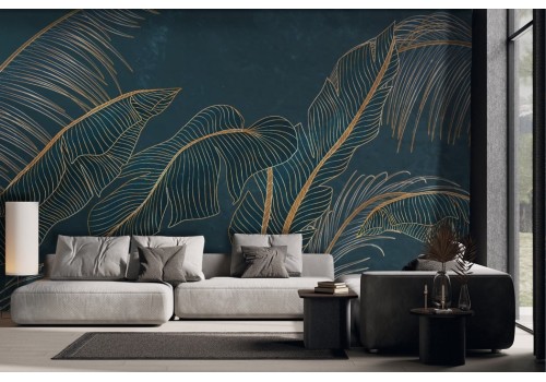 Tropical leaves wallpaper stylized gold on night blue background