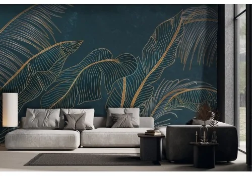 Tropical leaf stylized gold wallpaper on midnight blue background -a285