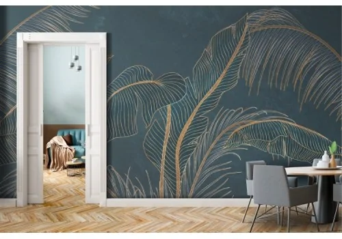 Tropical leaves wallpaper stylized gold on night blue background 2