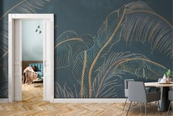 Adhesive Wallpaper with stylized gold tropical leaves on a night blue background