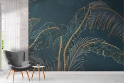 Tropical leaves wallpaper in gold and blue