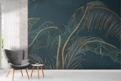 Tropical leaves wallpaper in gold and blue