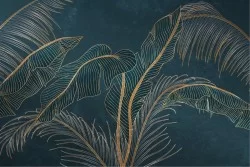 Tropical leaves wallpaper in gold and blue