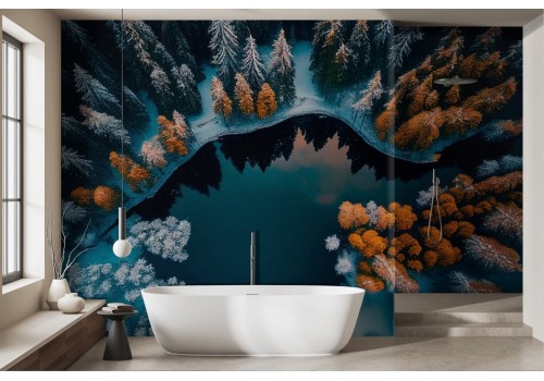 Forest, snow and lake wallpaper