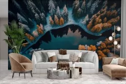 Carta da Parati Adesiva bosco neve e lago