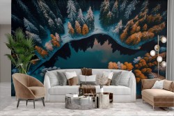 Adhesive Wallpaper of snowy forest and lake