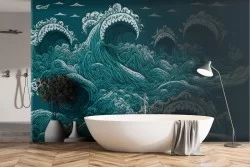 Sea wallpaper with large blue and white waves