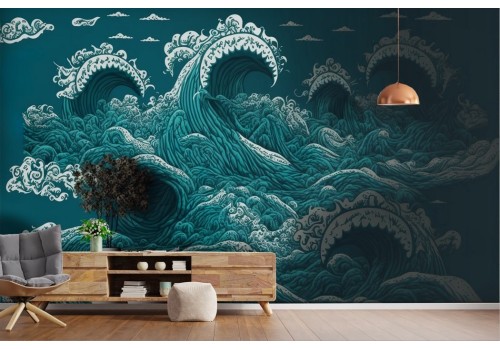 Sea wallpaper with large blue and white waves 2