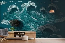 Carta da Parati Adesiva mare con onde grandi blu e bianca