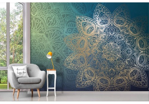 Carta da parati mandala orientale oro verde 2