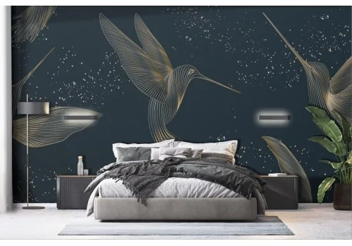 Wallpaper stylized birds gold on midnight blue background -a297