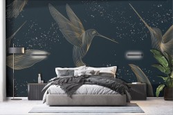 Carta da parati uccelli stilizzati oro su sfondo blu notte