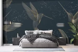 Gold stylized birds wallpaper on night blue background