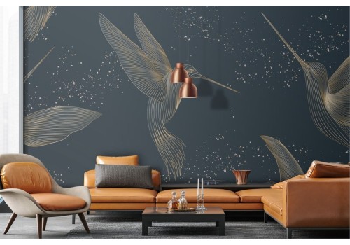 Gold stylized birds wallpaper on night blue background 2