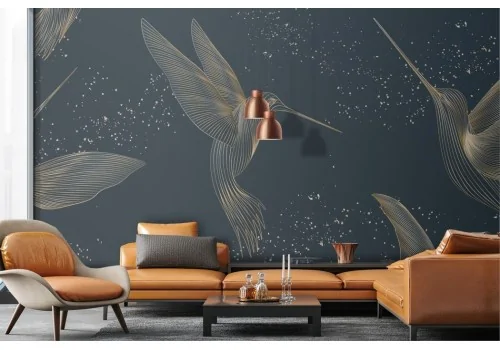 Gold stylized birds wallpaper on night blue background 2