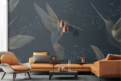 Carta da Parati Adesiva uccelli stilizzati oro su sfondo blu notte