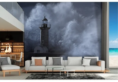 Stormy sea wallpaper with lighthouse